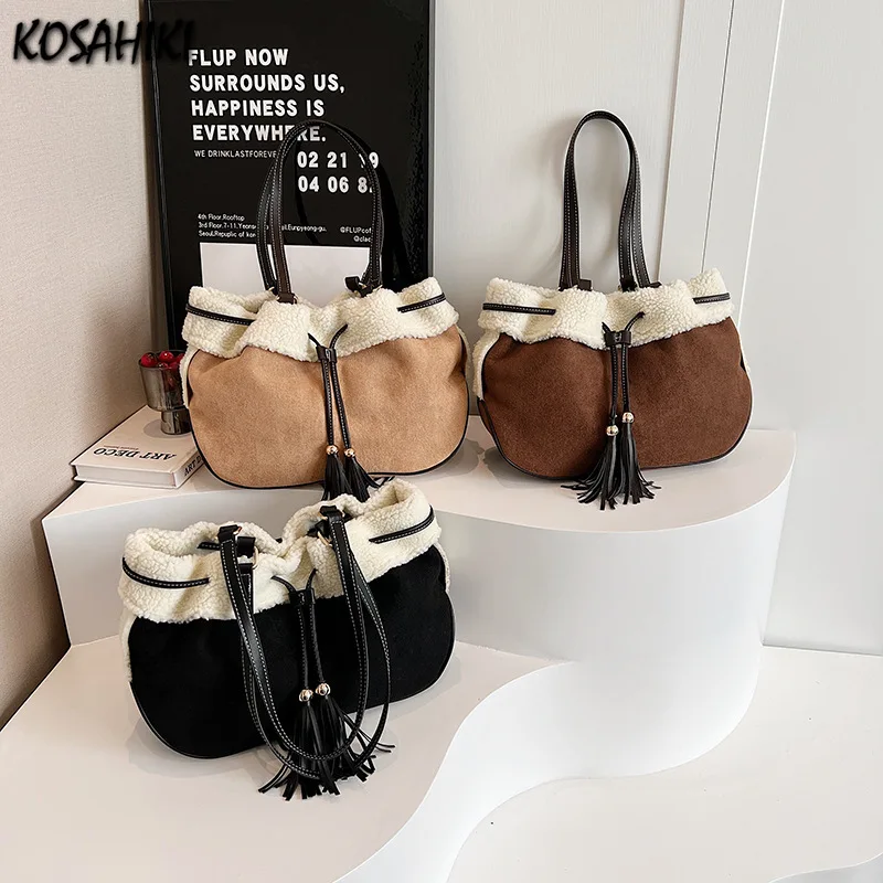 

Patchwork Fur Vintage All Match Women's Handbags Office Lady Elegant Fashion Underarm Bag Fairy Y2k Lamb Wool Chic Shoulder Bags