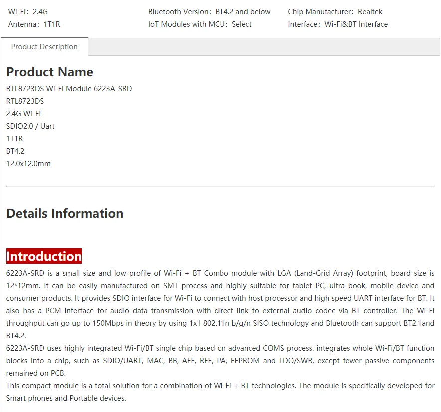 Rtl8723ds 2,4g Wi-Fi Bluetooth 4,2 Combo-Modul 1 t1r sdio2.0/uart 6223a-srd kompatibel ap6212 – Detail 1