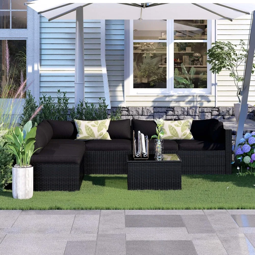 

7 Pieces Patio Furniture Set - Outdoor Sectional Wicker Rattan Furniture with Cushion and Glass Table Patio Conversation Sets