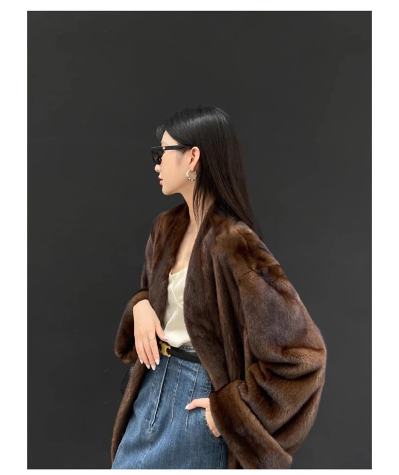Lautaro Winter Long Vintage Elegant Luxury Chic Thick Warm Soft Brown Fluffy Faux Mink Fur Coat Women V Neck Furry Overcoat 2023
