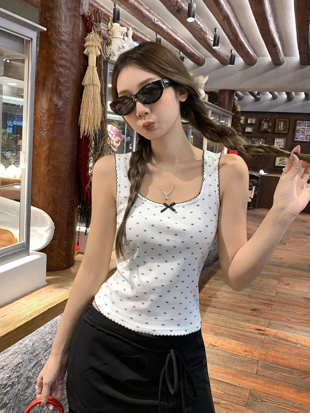 

Весенний новый повседневный черный вязаный кардиган с открытым передом и женский топ с клетчатым принтом, модный комплект из двух предметов, женская мода