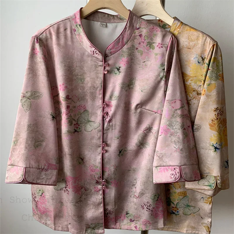 

Long Sleeve Hanfu Costume Topsimproved Tang Clothes Satin Butterfly Print Costume Chinese Style Woman Mother's Chesongam Tops