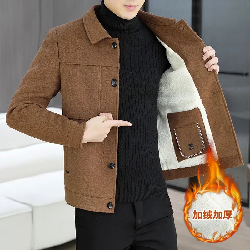 Brand Winter Woolen Jackets Men Thick Warm Lamb Wool Short Trench Coat Solid Color Versatile Casual Business Social Overcoat