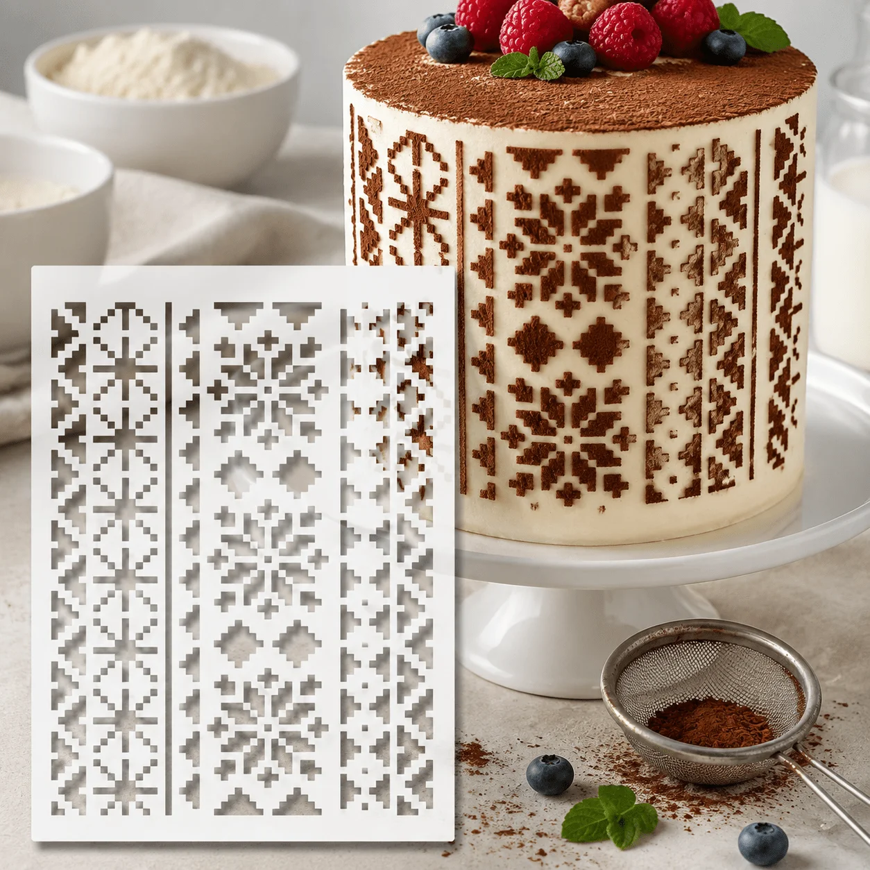 Snowflake Geometric Border Cake Side Stencil, Food‑Grade PET Reusable Hollow‑Out Template Xmas Baking Decor Tool