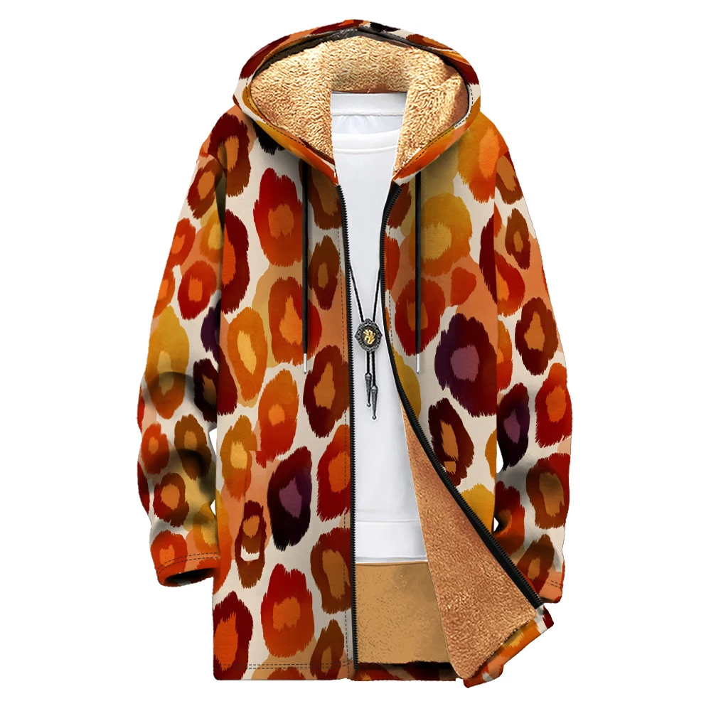Abstract Animal Printed Men Cardigan Coats Long Parka Fleece Plush Thick Hooded Jacket Warm Outerwear Unisex Plus Size Clothing