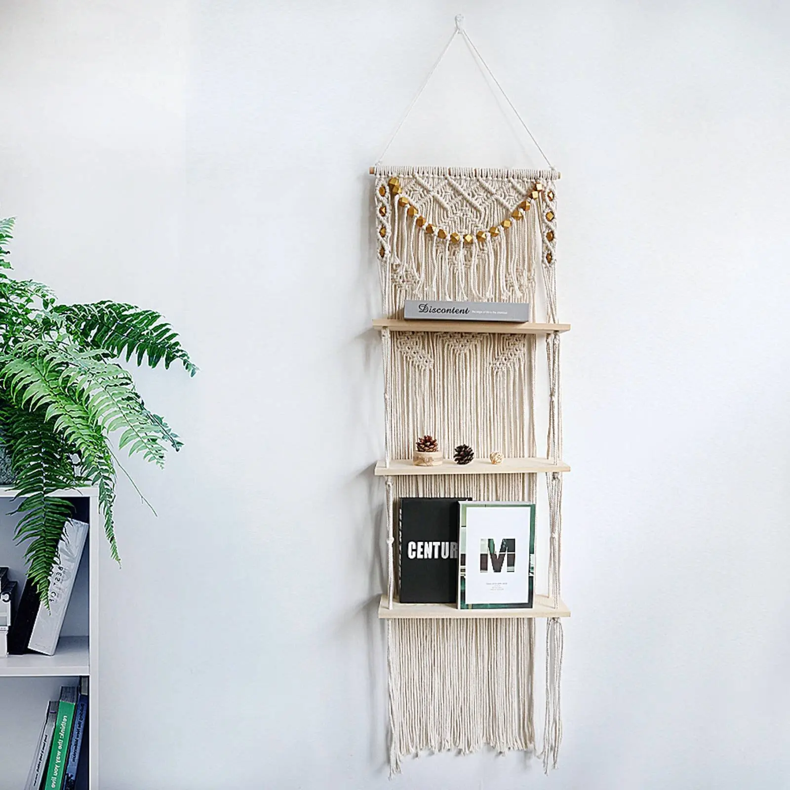 Three-Tier Wall Shelf Decorative Macrame Wall Shelf Home Decor Space Saving Easy to Hang for Apartment