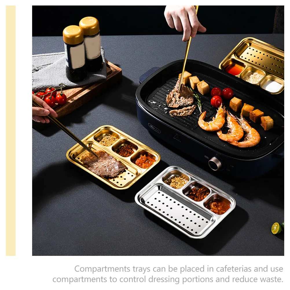 

Stainless Steel Barbecue Plate Korean Rectangular Dim Sum Plate Oil Drain Holes Multi-Compartment Divided Tray Bbq Dinner