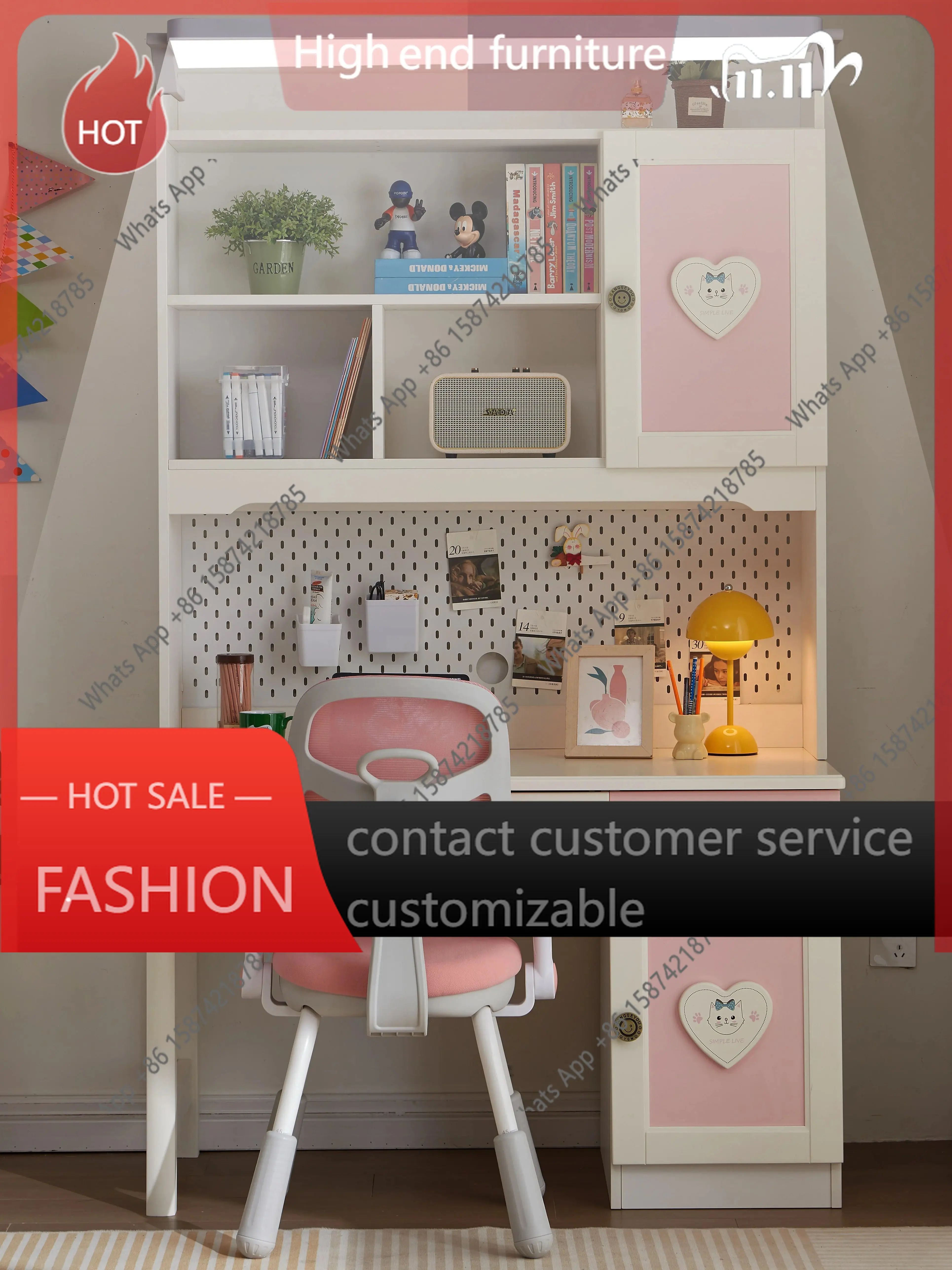 

Детский стол-стеллаж из массива дерева RP, розовый, для девочек, со встроенным книжным шкафом, стол и стул для учебы, для спальни, для дома, 1.2 метра