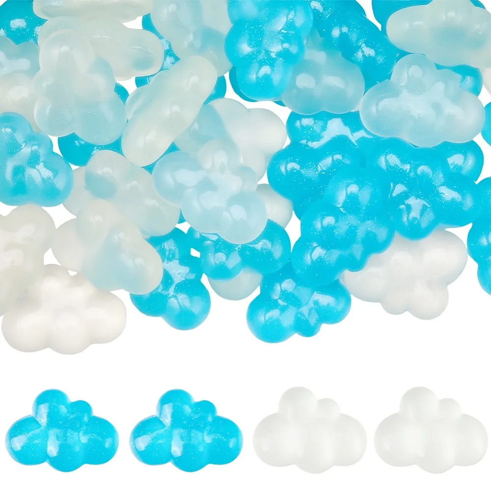 

40pcs 2 Colors Luminous Transparent Resin Cabochons Cloud with Paillette Glow in the Dark Mixed Color 19x26x7.5mm 20pcs/color