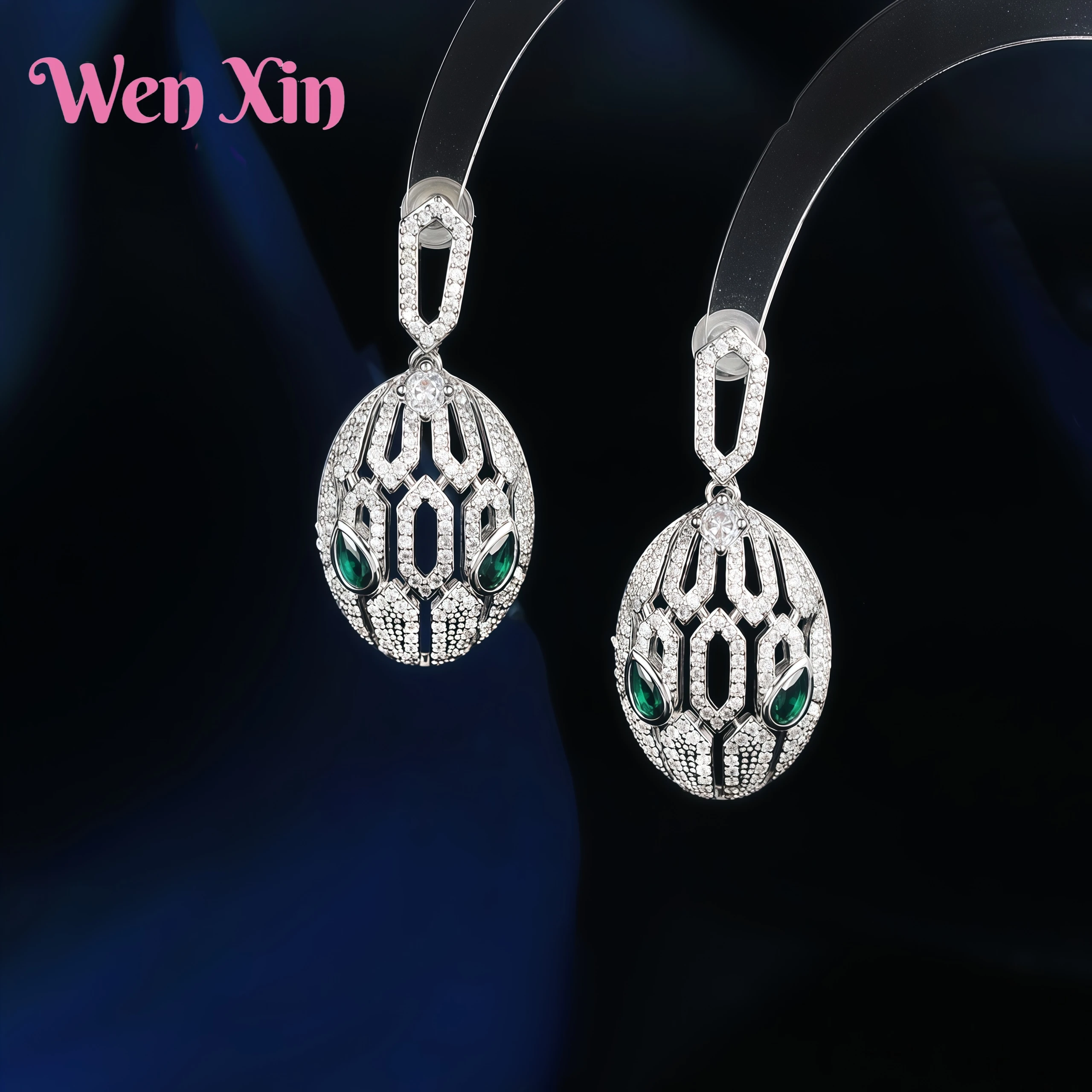 

WENXIN Brand MUSHAN MCT High Quality Zircon Hollow Green Eyes Snake Head Temperament Earrings Snake Shaped Earrings