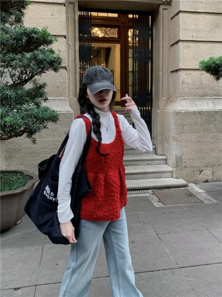 Ensemble de vêtements d'hiver pour femmes, haut rouge, taille haute, élastique, manches longues, col rond, coupe ample, style coréen, décontracté