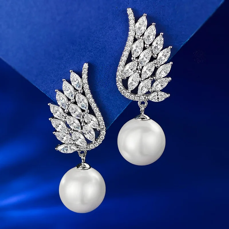 2024 New Angel Wings Earrings Full body 925 sterling silver with pearl inlay 12mm European and American women's earrings