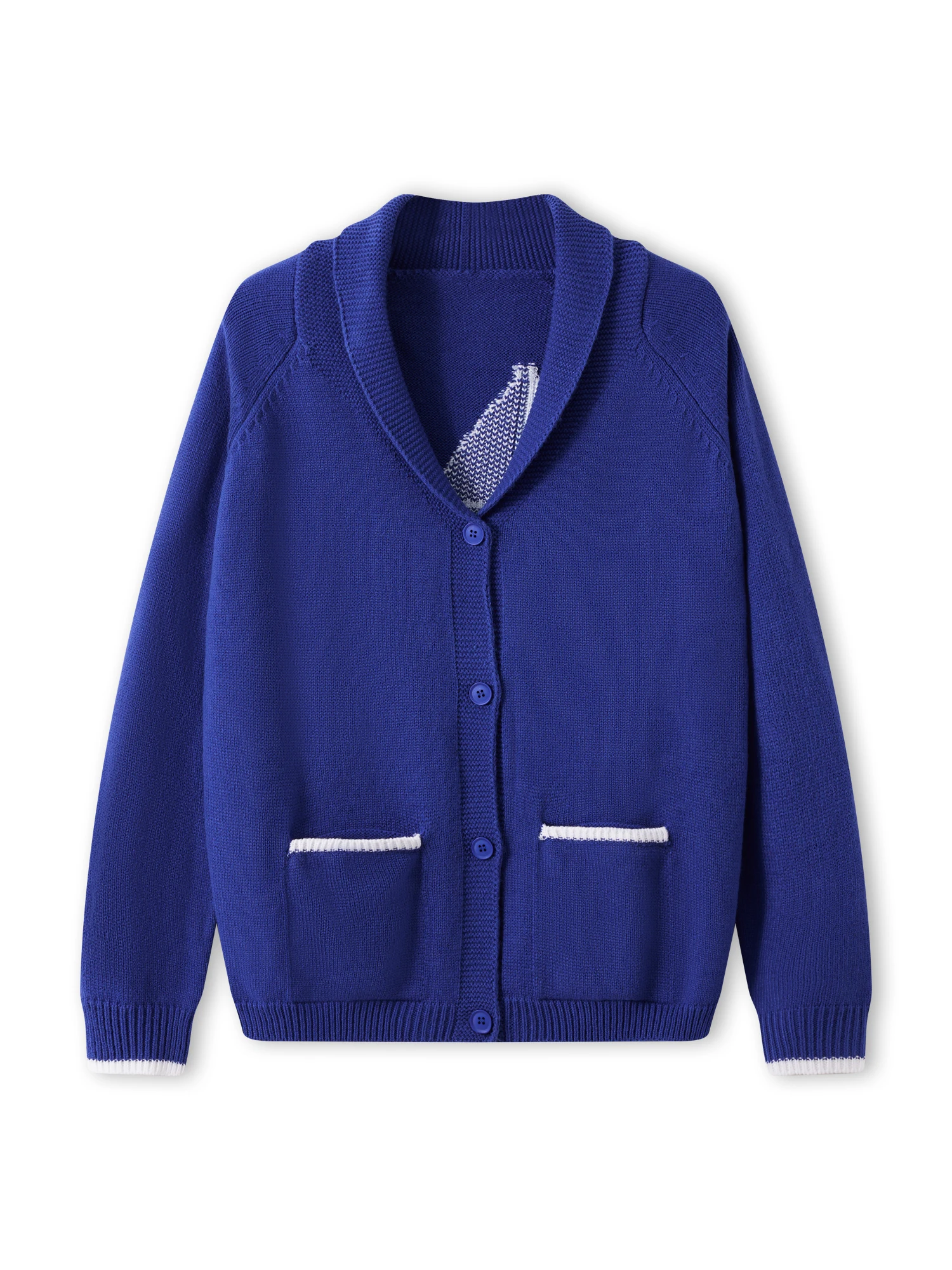 

Женский свитер-кардиган оверсайз на массивной вязки с шалевым воротником, длинными рукавами, V-образным вырезом и графическим принтом