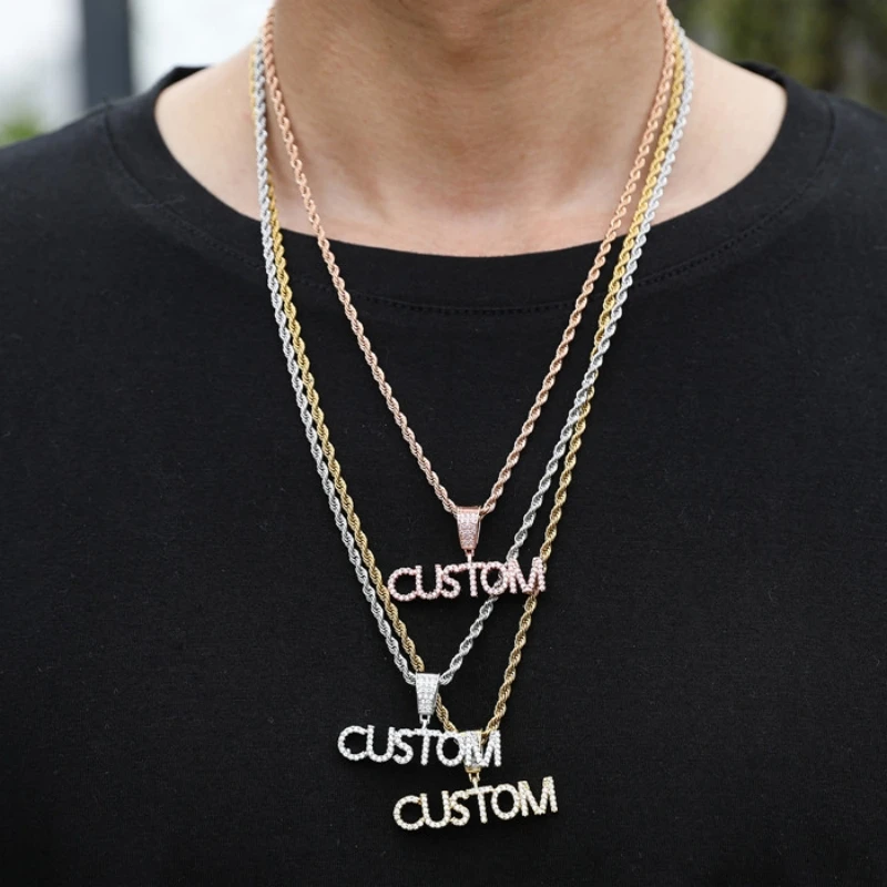 

D&Z Custom Name Pendant Necklace Small Size Iced Out CZ Stones With Rope Chain Personalized Letter Chain For Men Women Gift