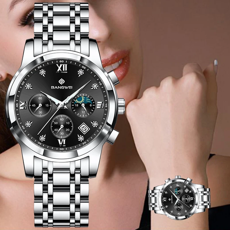 

BANGWEI женские наручные часы, роскошные деловые модные светящиеся фазы Луны, элегантные кварцевые часы для женщин, reloj de mujer + коробка
