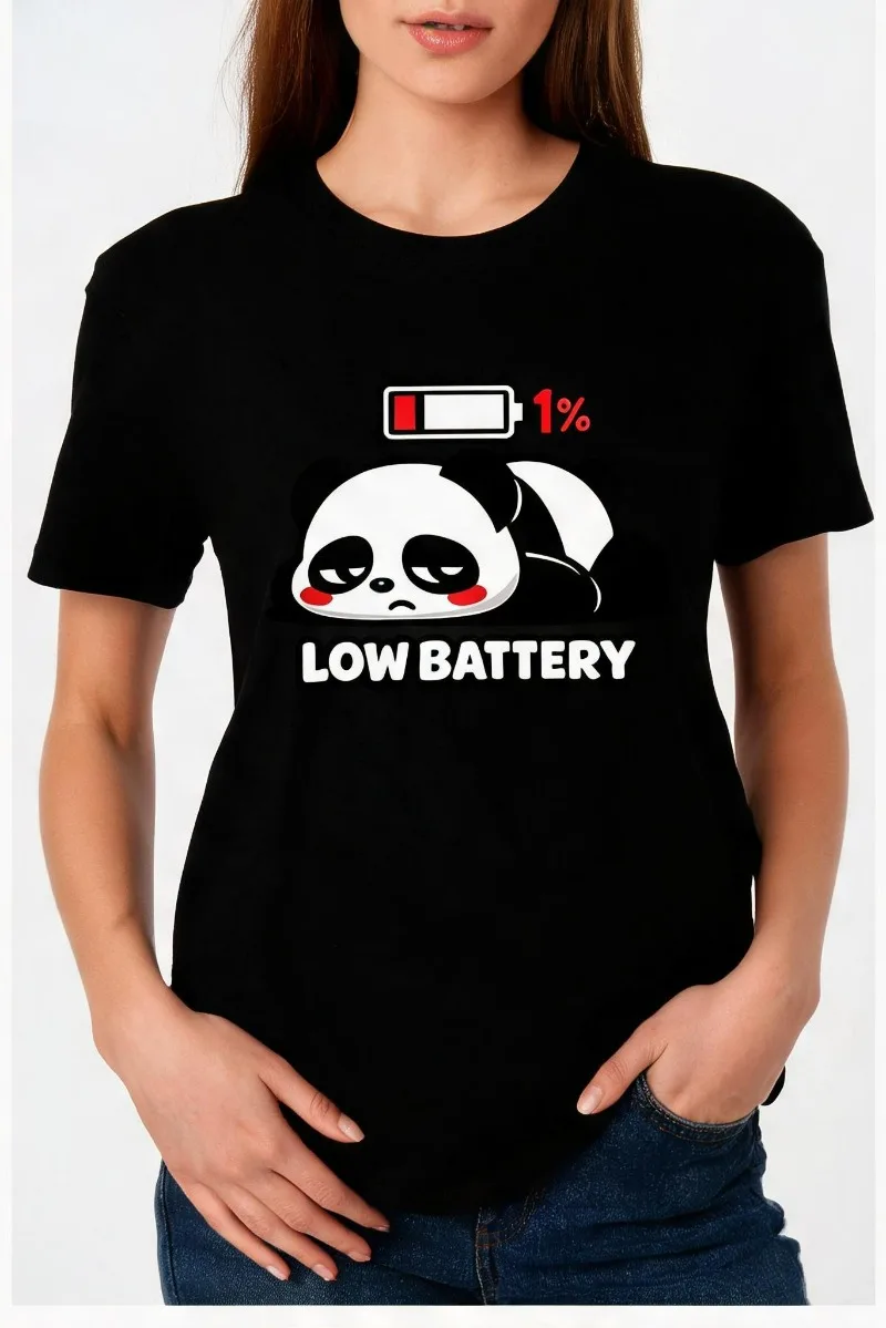 Women 100% Cotton Casual Top Sleepy Low Battery Panda Funny Meme Print Streetwear Casual Short Sleeve Top