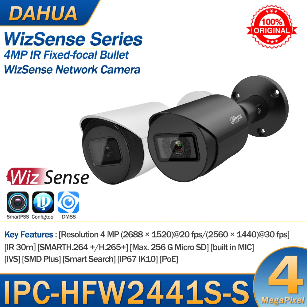 Dahua Camera 4MP IPC-HFW2441S-S Fixed-focal Bullet WizSense IR POE Build in MIC SD Card Slot Original Upgrade Video Surveillance