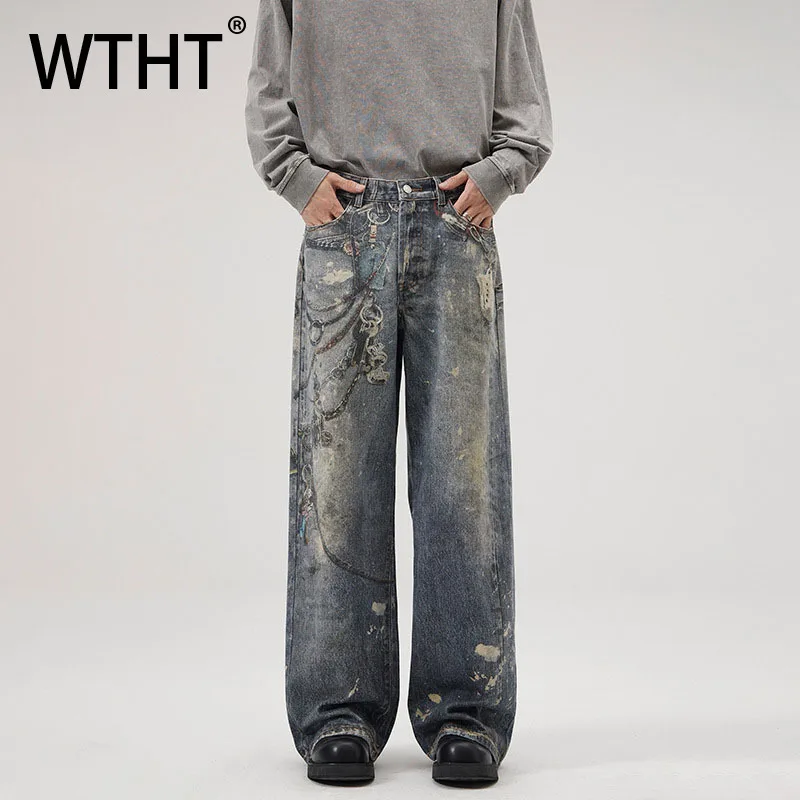 

WTHT Vinatge Men's Print Do Old High Street Denim Pants Fashion American Style Straight Casual Jeans Male 2025 Autumn 2A2308