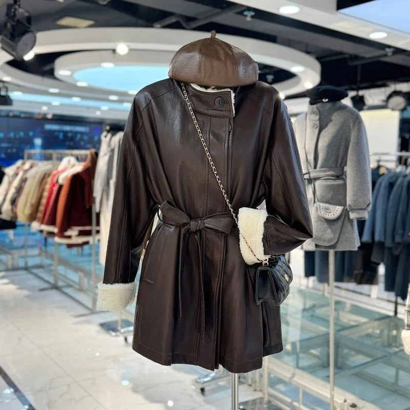 High End Fashion Trend Leather Jacket For Women In Winter 2025, New Warm, Thick, Waist Cinching, Slimming Stand Up Collar