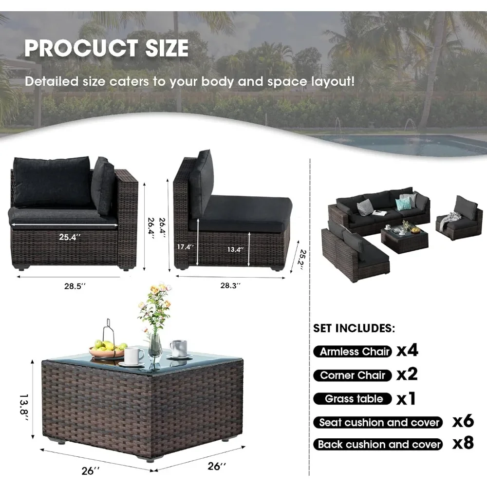 Outdoor Furniture Set 7 Piece Sofa - All Weather High Backrest PE Rattan Couch Conversation with Glass Topm, Garden Sofas