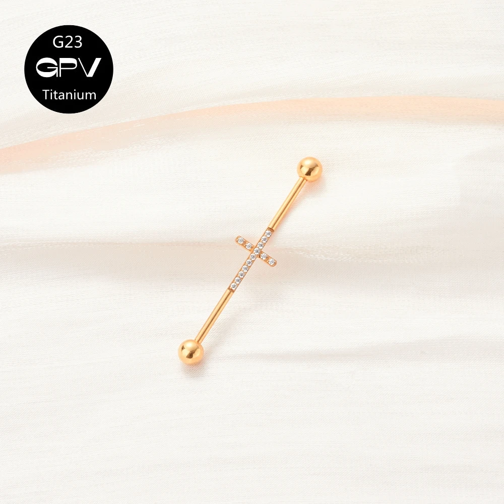 G23 Titanium Ear Bone Nail 38mm Two Ear Holes Connected Piercing Jewelry Zircon Cross Ear Nail Ear Bridge Rod