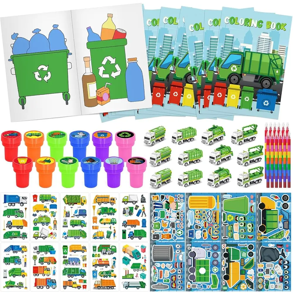 72 PCS Garbage Truck Coloring Books Party Favor Set Garbage Party Goodie Bag Fillers Truck Birthday Party Supplies DIY Scene