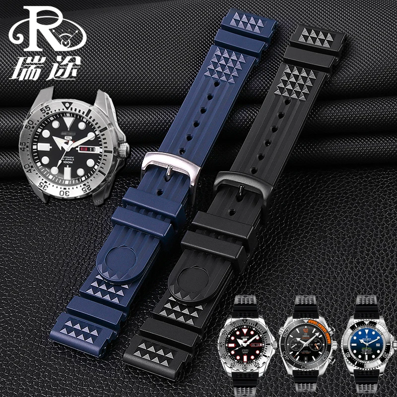 20mm 22mm Silicone Watch Strap for Seiko SRP601J1 Water Ghost Canned Diving Omega Bracelet Black Blue Waterproof Sport Watchband