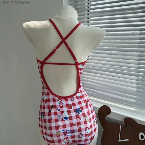 Nya Hello Kitty-plädiga badkläder för kvinnor, ett stycke sexigt halterneck-bikini med triangelmotiv, spa-semester, sommarkläder 12 best sales Hello Kitty badkläder - №8