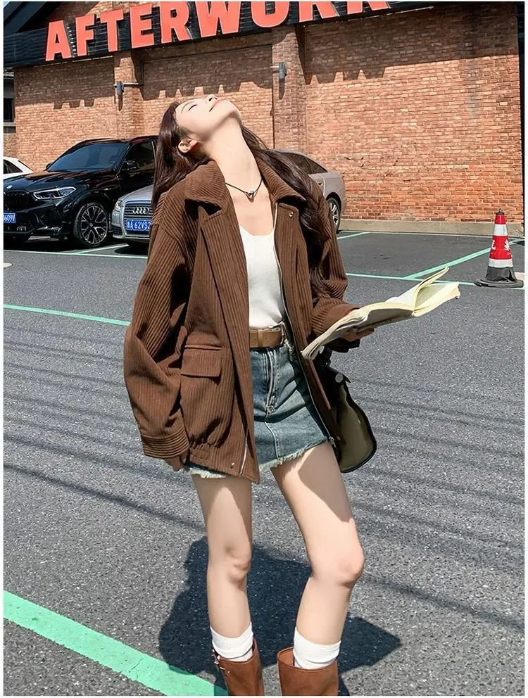GC 2026 Spring Autumn Women Maillard Tone Lapel Jacket Korean Lazy Chic Oversized Casual All‑Match Outerwear