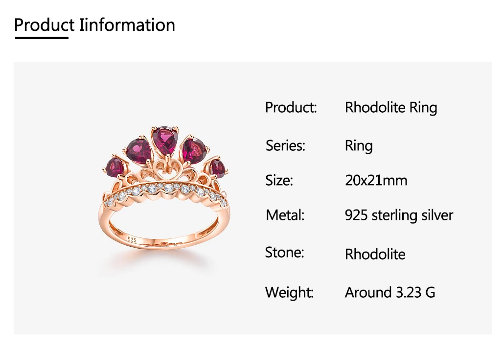 GZ ZONGFA Pure 925 Sterling Silver Women's Crown Ring, Set with a Natural Purple-Red Garnet, Elegant Party Style, 14K Rose Gold
