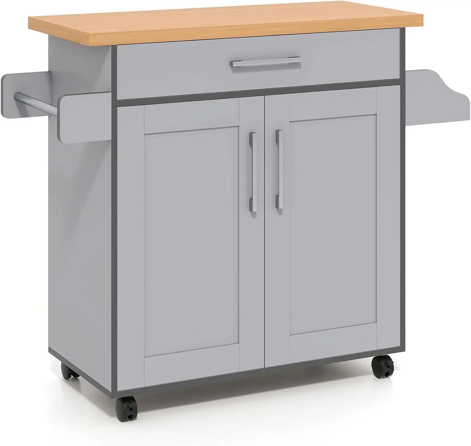 

Kitchen Island Rolling Cart on Wheels, Kitchen Storage Cart Trolley with Adjustable Shelf, Towel Holder & 2-Door Cabinet,Grey