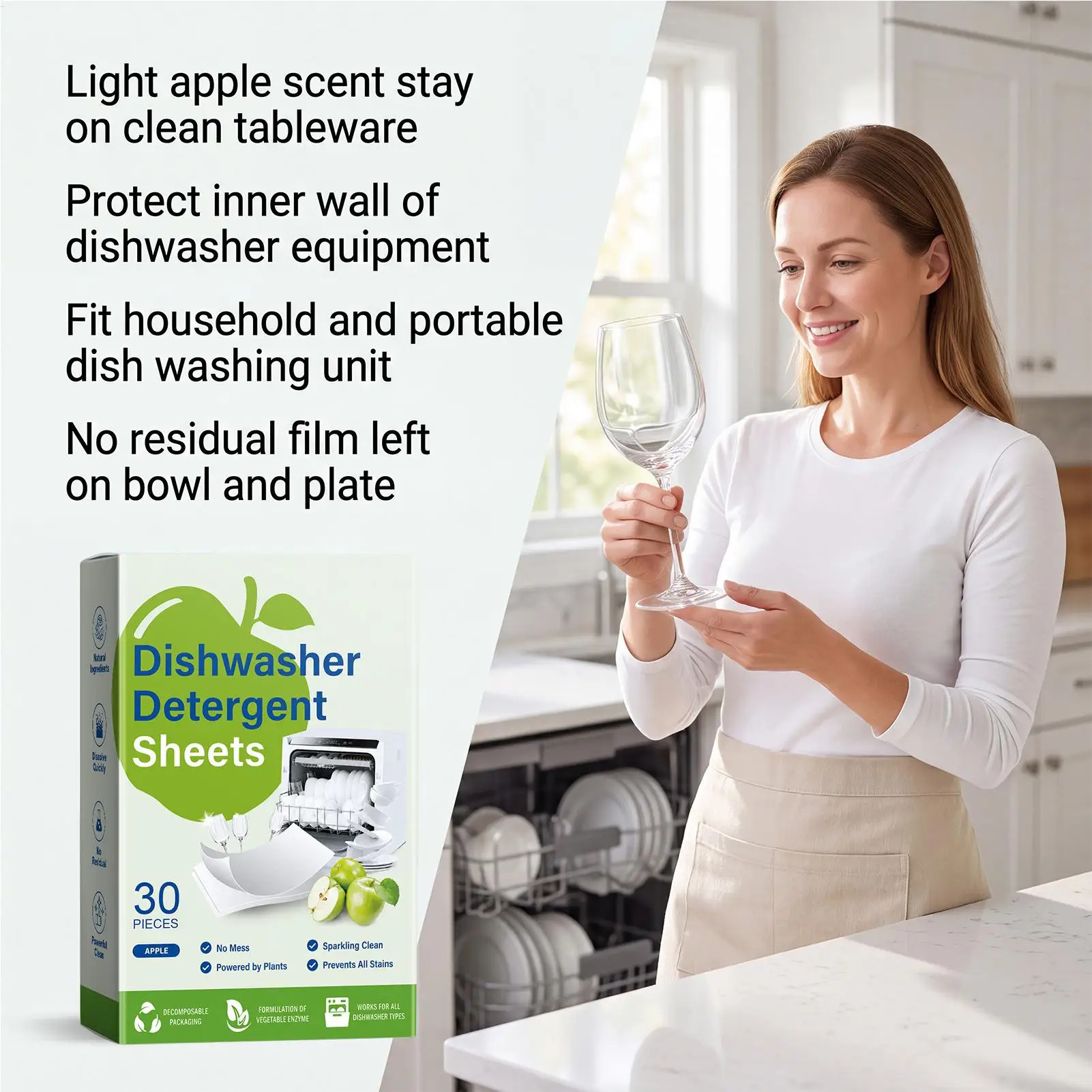 Dishwasher Detergent Sheets 30 Count Powerful Cleaning Eco Friendly Plastic Free Dissolving tablets For Kitchen Restaurant Dorm