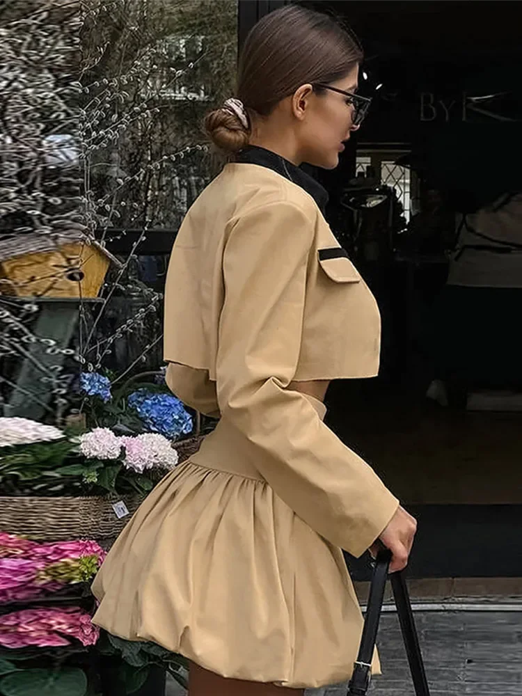 2024new Fashion Women 2 Pieces Sets Lapel Long Sleeve Crop Jacket High Waist Pleated Mini Skirt Suit Autumn Coat Skirts Lady Set