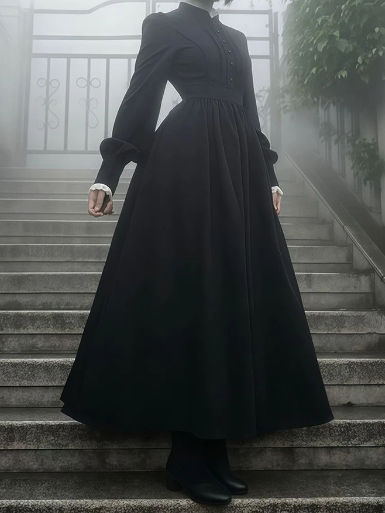 

Модное элегантное тонкое длинное платье для женщин, французское винтажное черное платье с длинными рукавами, женское готическое платье с темной кружевной отделкой и элементами пэчворка.