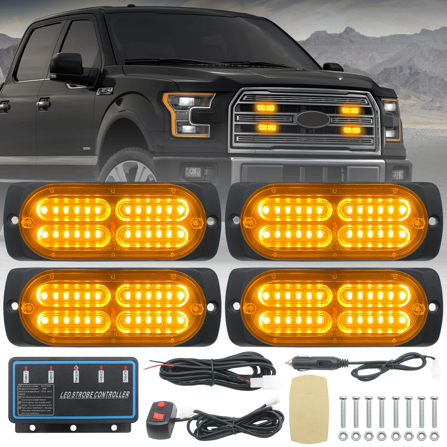 LAIKESI 4-Unit Synchronous LED Emergency Flashing Light Kit - Ultra Thin Surface Installation for Trucks, Cars, and Vehicles