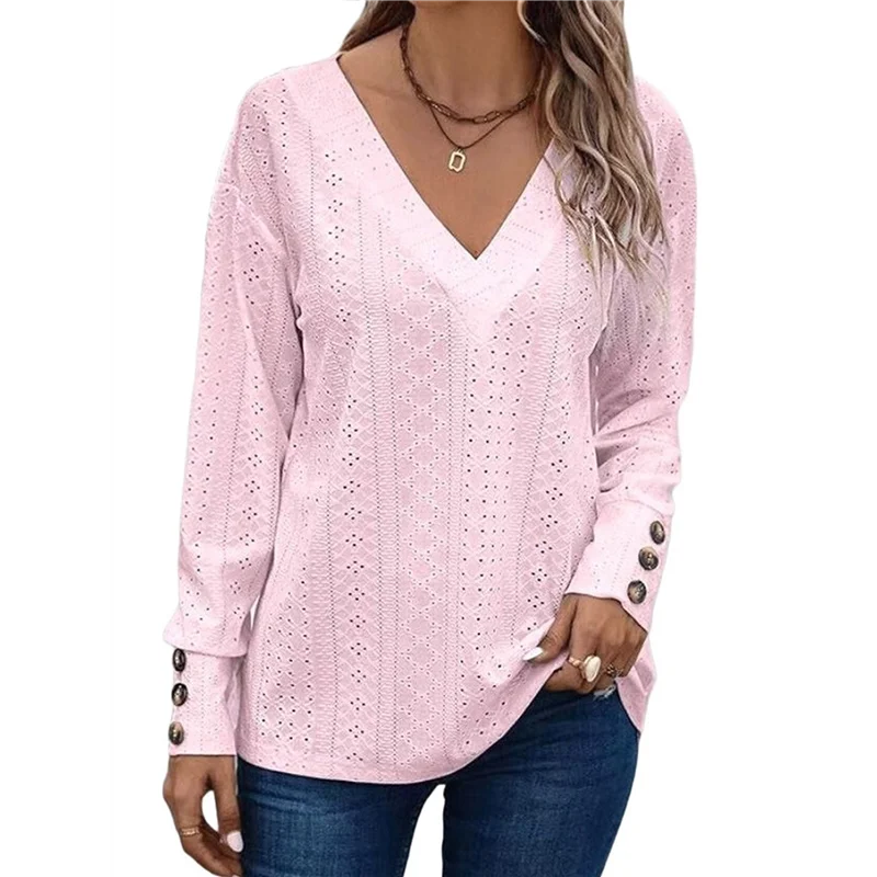 

Women's Tops Dressy Casual V Neck Long Sleeve Buttons Hollow Out Lace Embroidered Blouses Shirts