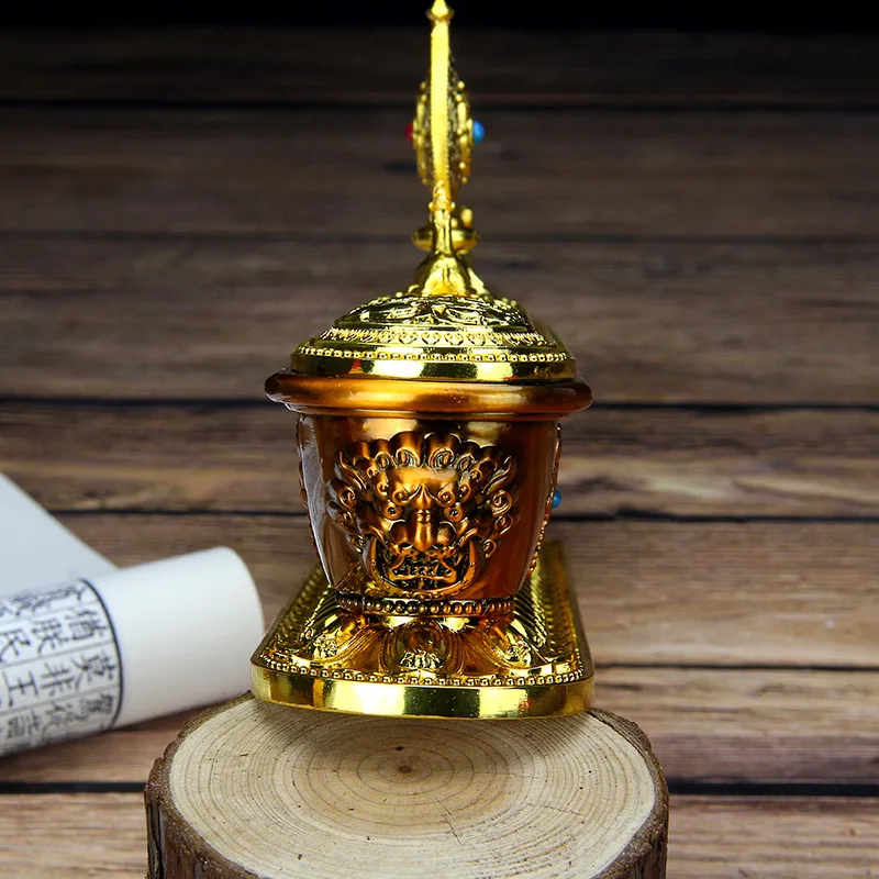 Tibetan Buddhist Incense Burner Alloy Home Use with Mantra Wheel Double Deer Design and Auspicious Eight Treasures Incense Box