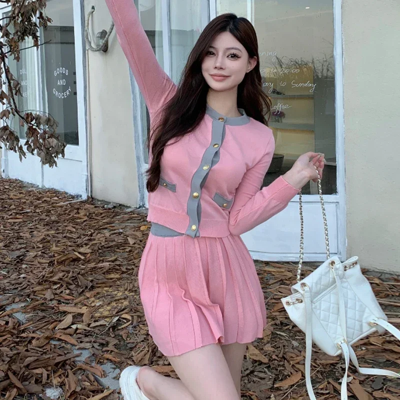 Gagarich Korean Fashion 2 Piece Set Sweet Color Block Single Breasted Top High Waist Slim Pleated Skirt Knitted Suit Clothing