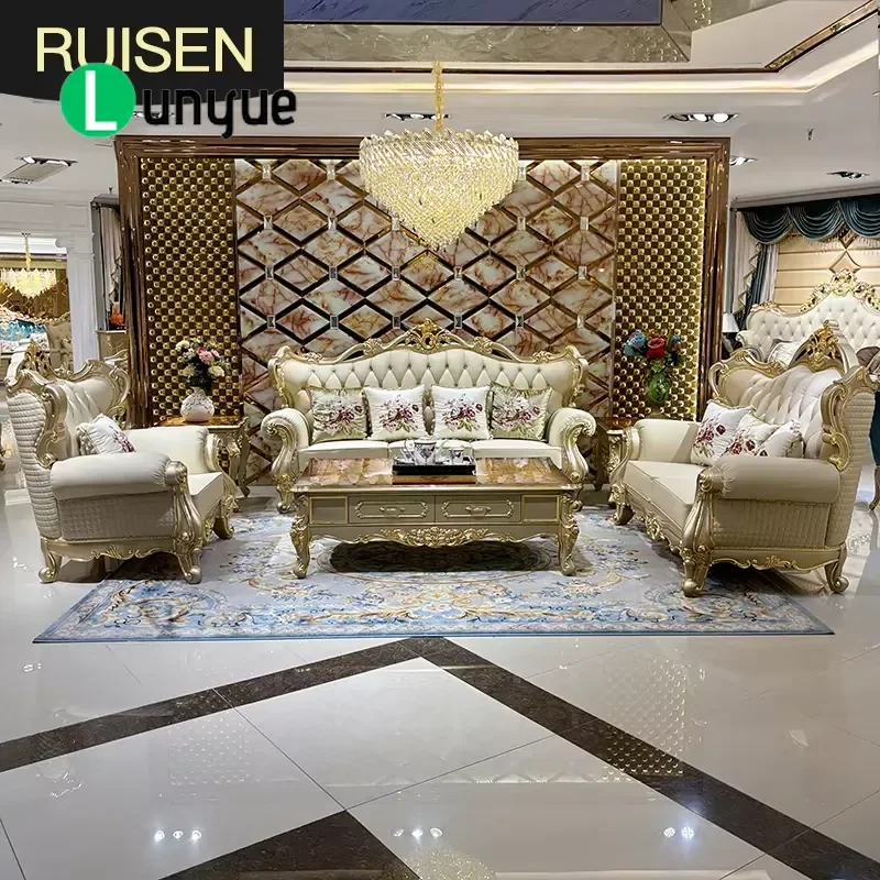 French Leather Sofa 123 Set Exquisite Wood Carving Luxury Furniture for Large Residences Villas Estates Elegant Living Room