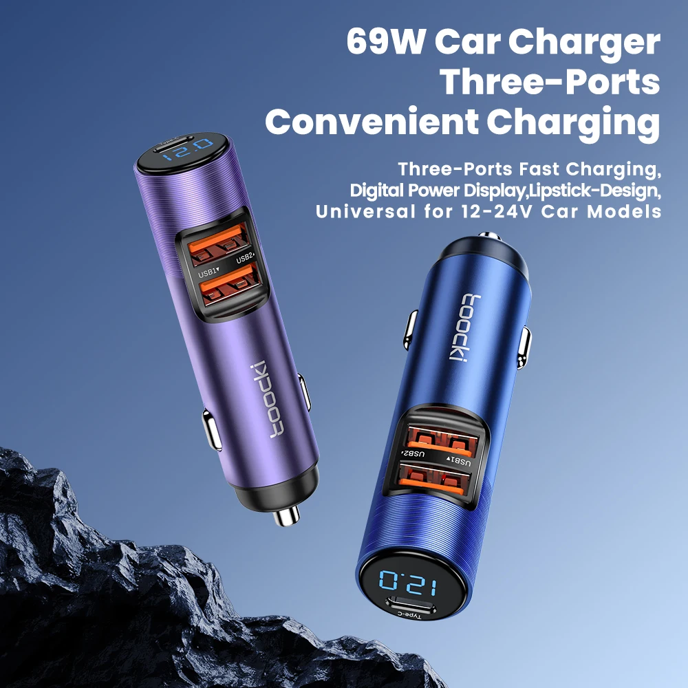 Toocki 69W Car Charger USB Type C Car Phone Charger With 3 Port PD Fast Charing for iPhone 14 13 Pro Max Samung Xiaomi Huawei