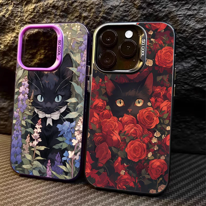 Black Cat Rose Flower Sea Matte Case for Samsung Galaxy A32 A52 A52S A72 A51 A71 4G A25 A55 A35 A15 A05 A05S 5G A13 A23 A12 A22