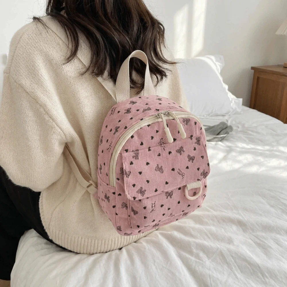 Sweet Corduroy Mini Backpack Lightweight Heart Bow Print Shoulder Bag Multi-compartment Zippered Opening Rucksack Daily