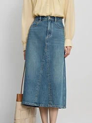 ZIQIAO Retro Solid Denim Skirt For Women 2024 Autumn New High Waist Versatile Casual Mid-length Chic A-line Skirt 24ZQ93022