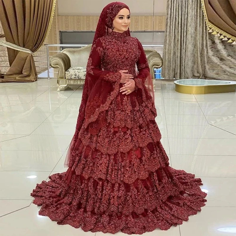 Customized Burgundy Dubai Wedding Dresses Arabic Muslim Long Sleeves High Neck Lace Tiers Skirt Formal Evening Gowns Party