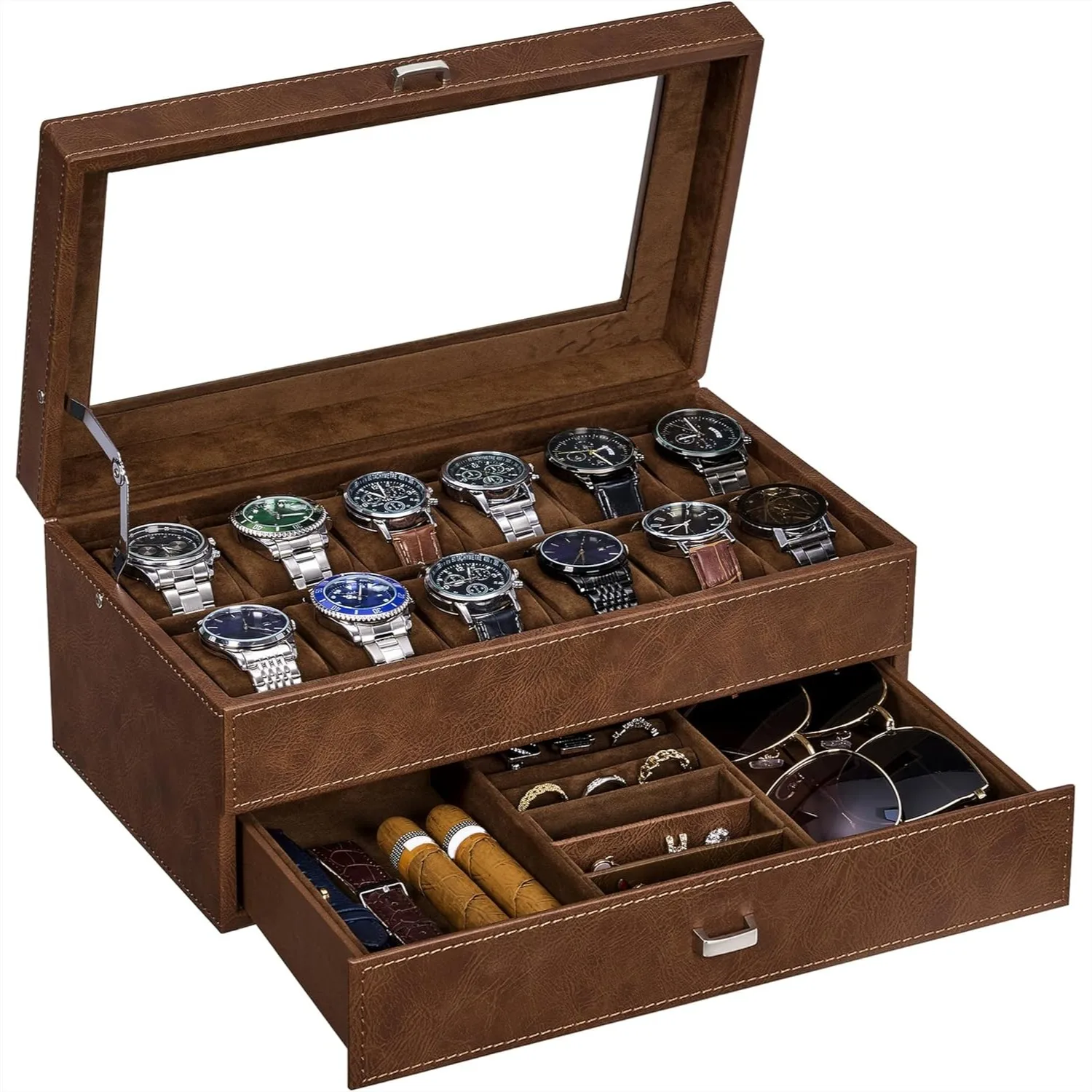 

Watch Box 12-Slot, 2-Layer Watch Case with Large Glass Lid, Mens Jewelry Box Display Case with Removable Watch Pillows, Watch