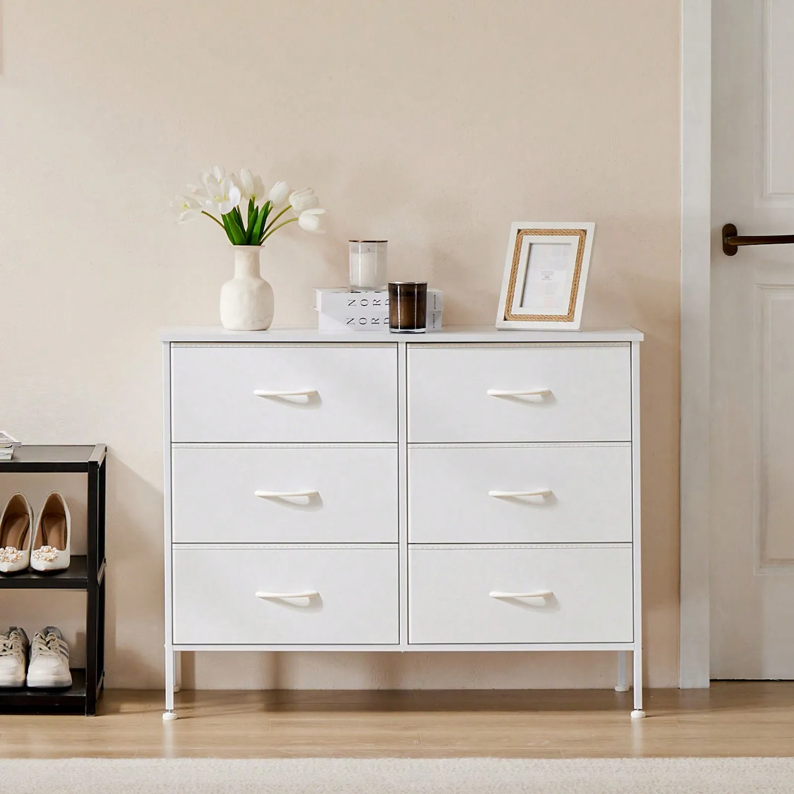 6 Drawers Dresser For Bedroom, Kidsroom Furniture, Small Chest Tower, Storage Organizer Units For Clothing, Closet, Fabric Bins, Wood Top, Steel Frame, Lightweight, Assemble Tools Include