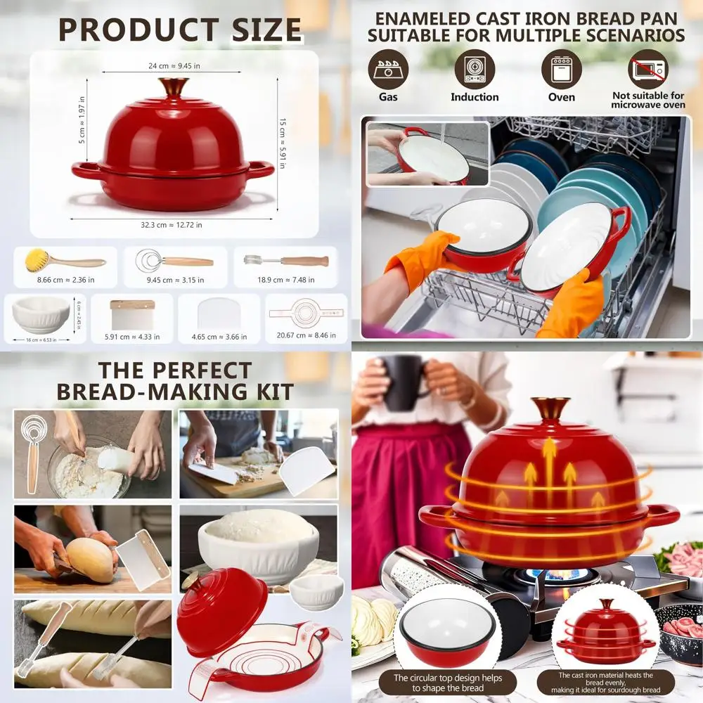 

Enameled Cast Iron Dutch Oven with Lid and Bread Proofing Basket, 5 Quart, for Sourdough Baking and Roasting in Red
