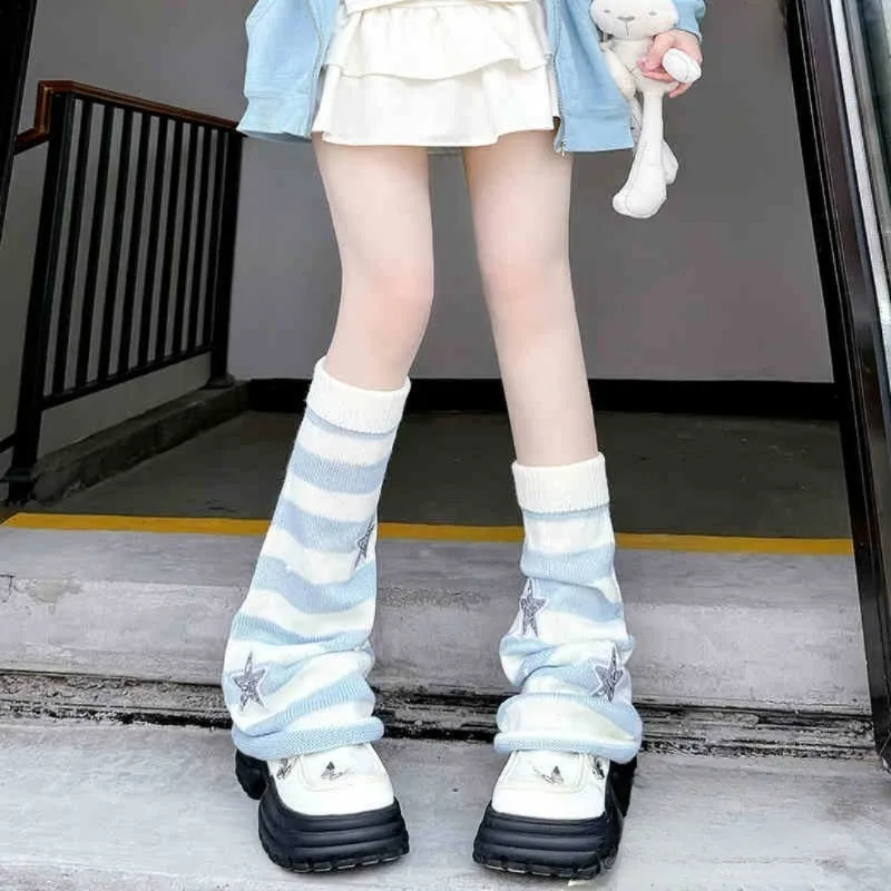 Women’s Harajuku Steampunk Y2K Spicy Girls Gothic Japanese Cute White and Blue Striped Watercolor Angel Strap Legs Warm Sleeves