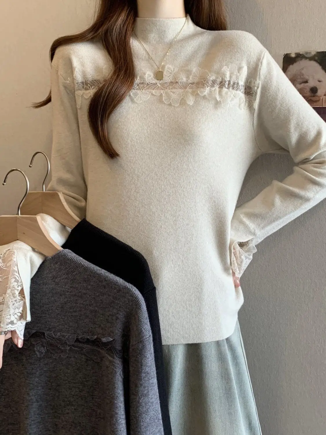 

Осень-зима, женский вязаный кружевной свитер больших размеров с вырезами, свитер с высоким воротником, повседневный свитер для поездок на работу