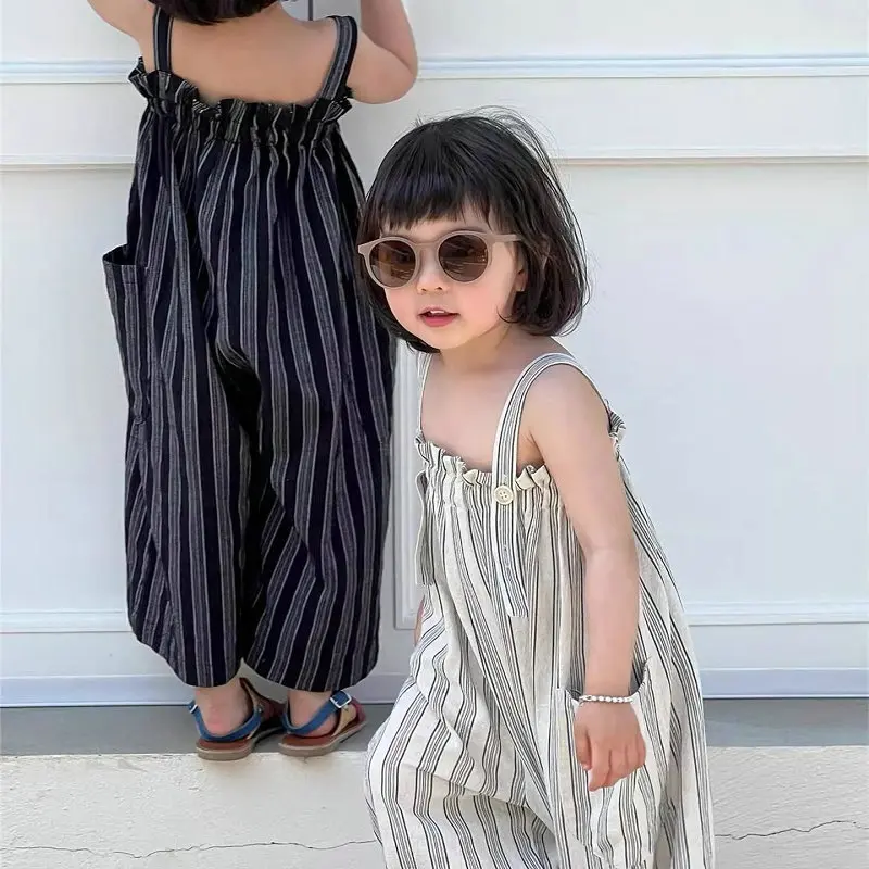 Summer Baby and Girls Cotton Striped Ruffle Oversize Button Suspender Bodysuits Kids Sweet Jumpsuits Child Overalls Outfit 2-8Yr